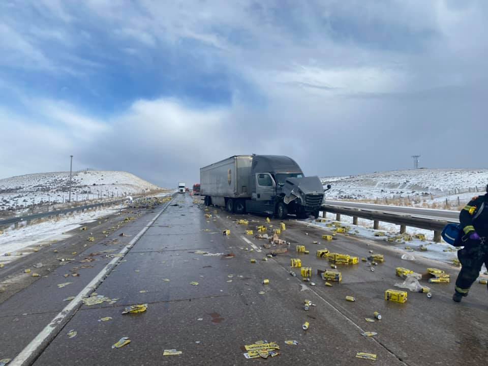 PHOTOS Multiple vehicle crash on I80 in Wyoming; semi spills load of